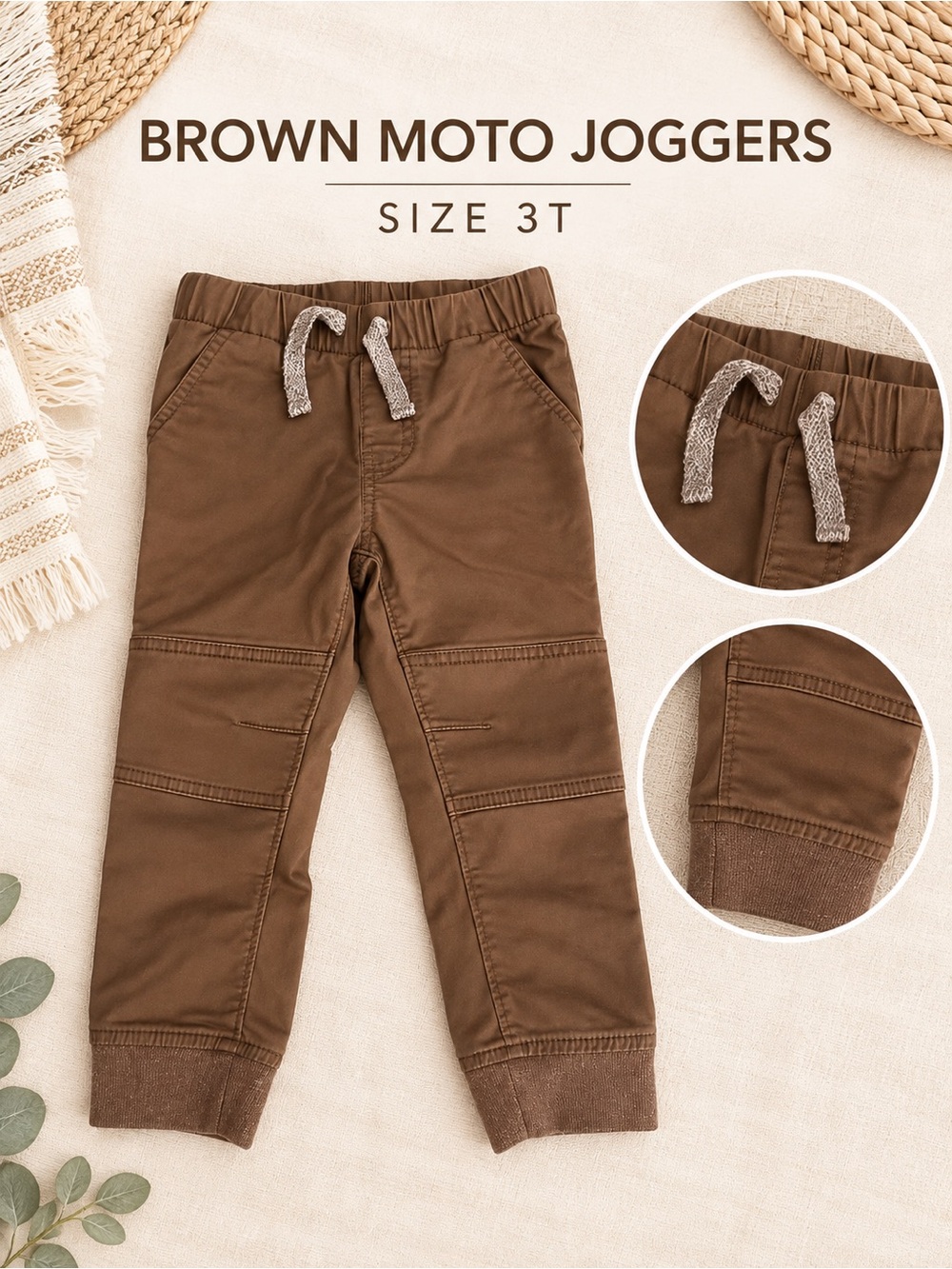 Cat & Jack Brown Moto Joggers with Gray Drawstring